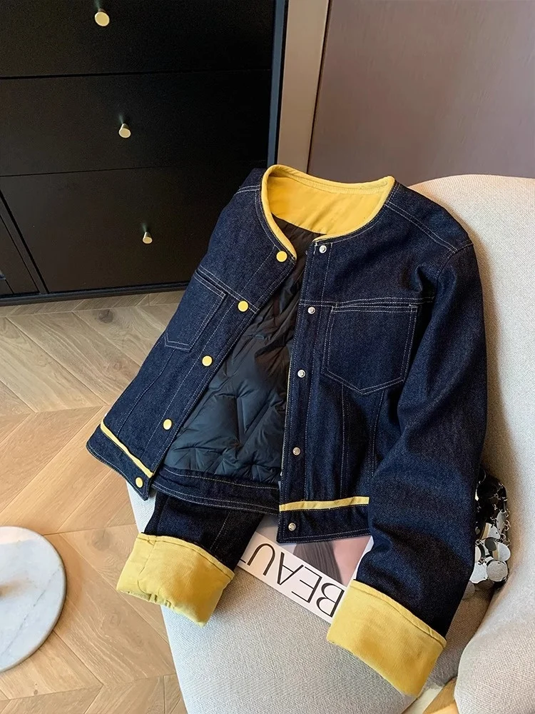 

Женская зимняя джинсовая куртка больших размеров с круглым вырезом, в стиле ретро, модная, цветная, из хлопка, верхняя одежда