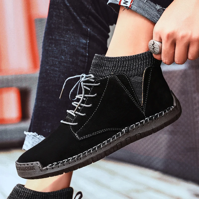 

Autumn and Winter Hand-stitched Casual Men's Shoes,outdoor Anti-slip and Wear-resistant Mid-calf Leather Shoes,warm Cotton Boots