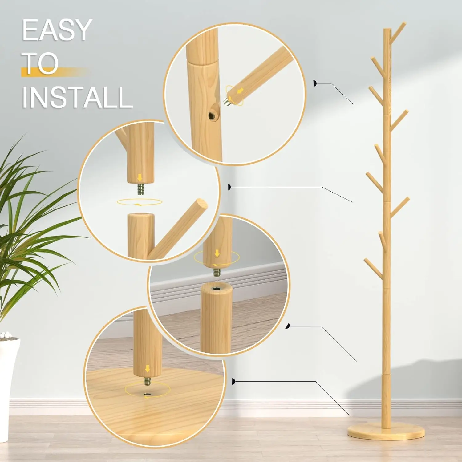 

Wooden Coat Rack Freestanding With Round Base, Adjustable 4 Heights Sturdy Coat Hanger Stand 9 Hooks For Hanging Bags, Hats,