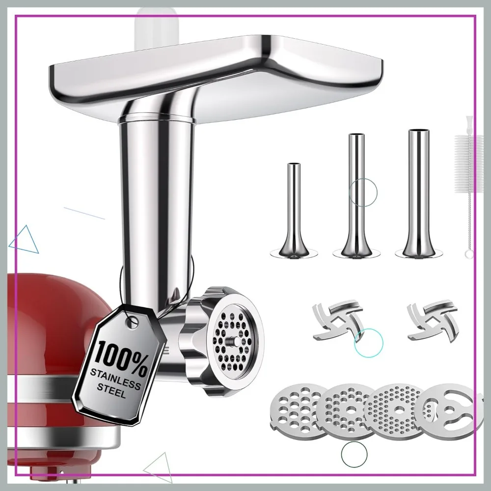 

Stainless Steel Meat Grinder Attachment for Stand Mixers with 4 Plates & 3 Sausage Tubes, Dishwasher-Safe Design