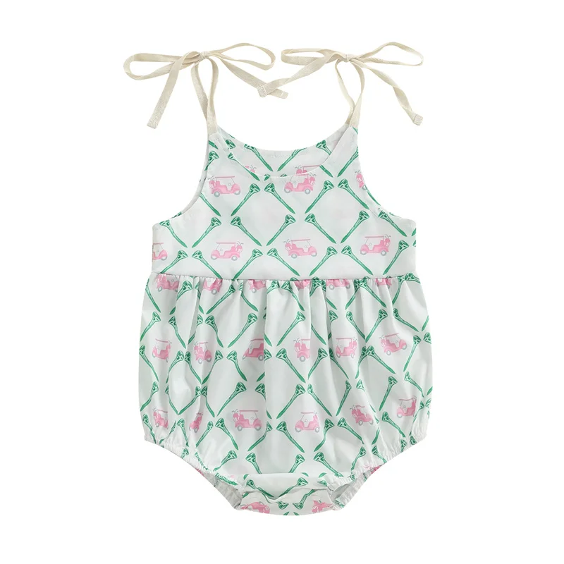 

Cathery Kids Baby Girls Rompers Sleeveless Tie-up Strap Golf Cart Print Infant Bodysuits Summer Clothes for Casual Daily