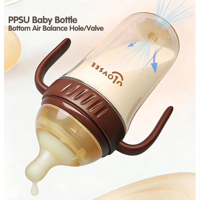 New 280ml Heat-Sensitive PPSU Baby Bottle with Bottom Air Balance Hole/Valve, Wide-neck Gravity Ball Feeding Bottle with Handle view 3