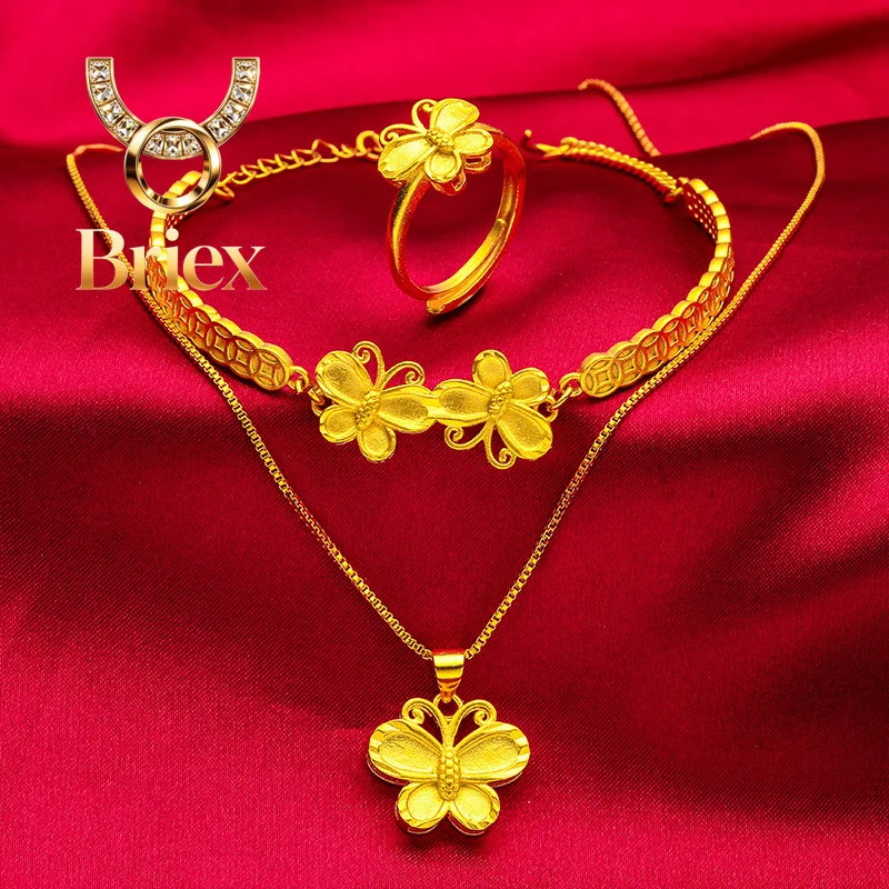 

Briex Jewelry 24K Gold AU999 Women's Butterfly Ring-Bracelet-Necklace Set 3D Butterfly Gradient Gold-Plating Daily Chic Sweet C