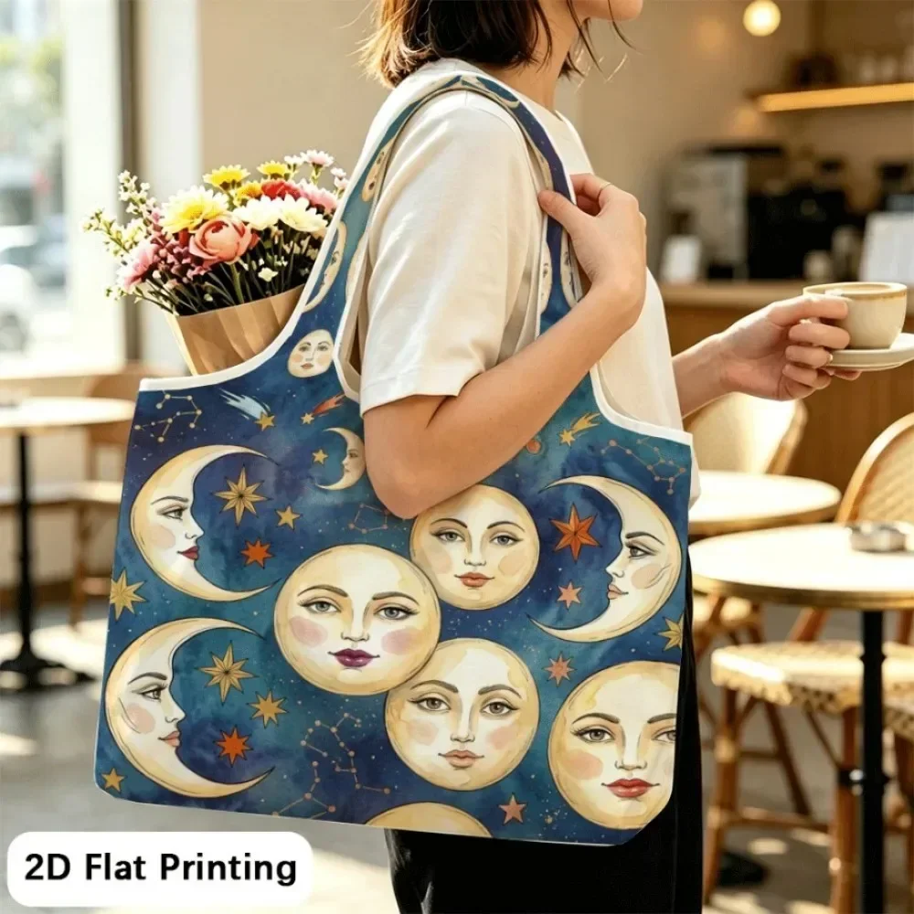Watercolor moons dance with stars Roomy foldable shoulder tote, fits clothes and travel souvenirs.
