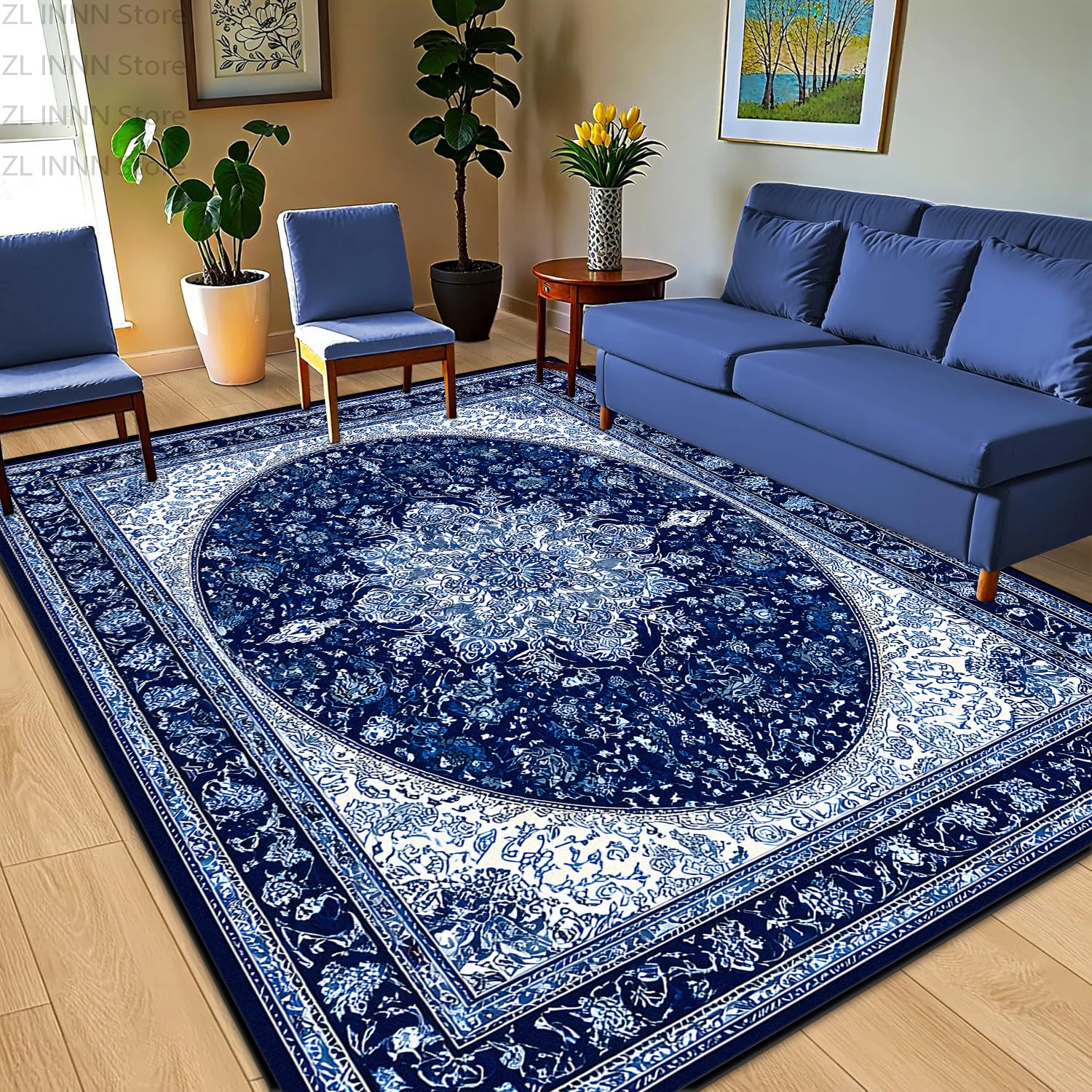 Blue Persian Retro Living Room Carpet Machine Washable Bedroom Dining Room Decoration Rug Fluffy Non-slip Sofa Area Floor Mat