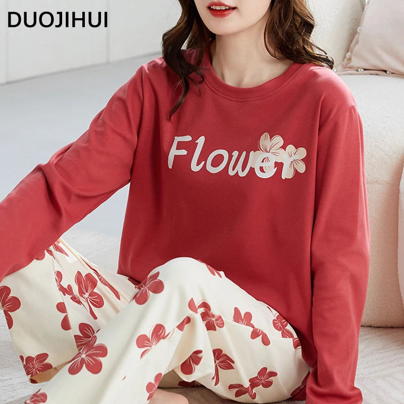 DUOJIHUI Contrast Color Autumn Loose New Pajamas for Women Chicly Floral Printing Simple Casual Fashion Soft Female Pajamas Set