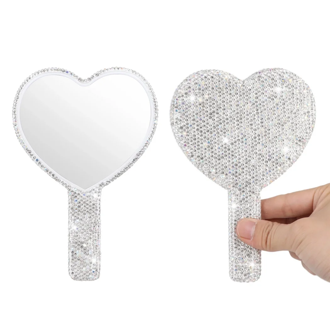 2Pcs/Set Rhinestone Handheld  Dazzling Bling Heart-Shaped Hand  Small Decor Makeup Mirrors Portable Travel Mirrors