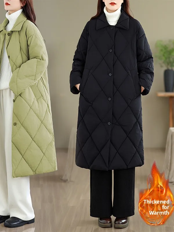Korean Sle plus Size Thiened Winter down Jaet Women's Long Diamond Patterned Cotton Coat Sli Slimming Outerwear