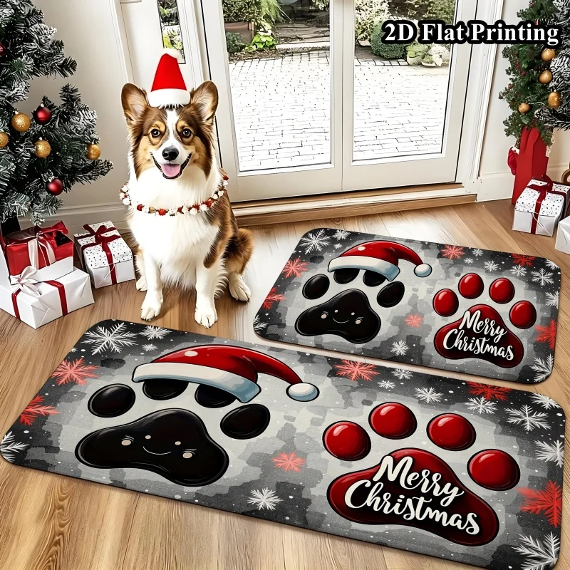 Merry Christmas Dog Paw Kitchen Rugs 2 Piece, 2D Flat Plaid Puppy Pet Mat Set, Non-Slip Washable Floor Mat for Front Door