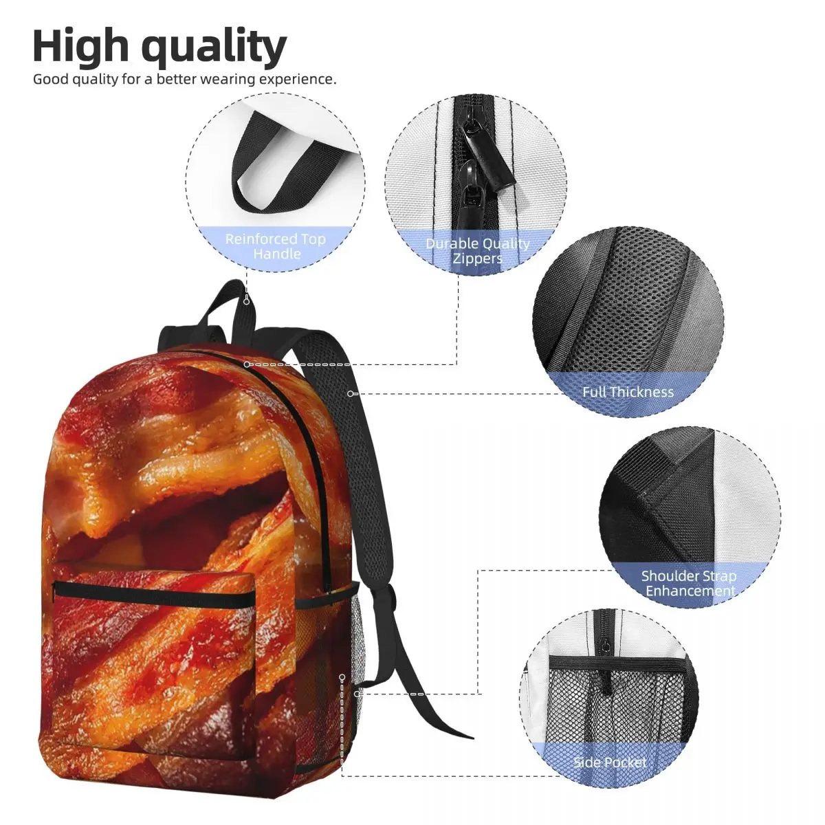 Crispy Bacon Texture Meat Lovers Backpack Daypack Large Capacity Kids BookBag School Bag Shoulder Bags for Men Women