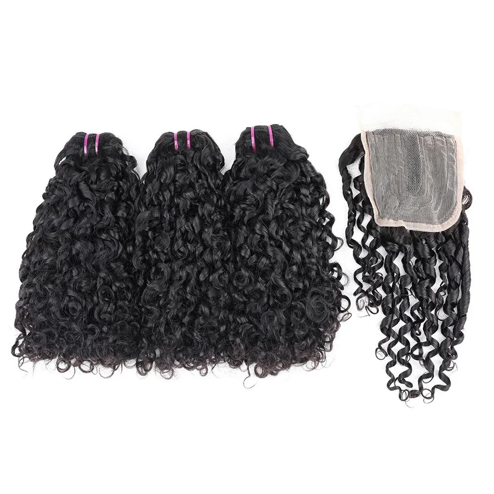 Brazilian Double Drawn Spirals Curly Bundles with Closure Pixie Curl Human Hair Bundle Weave Extension with 4x4 Lace Closure