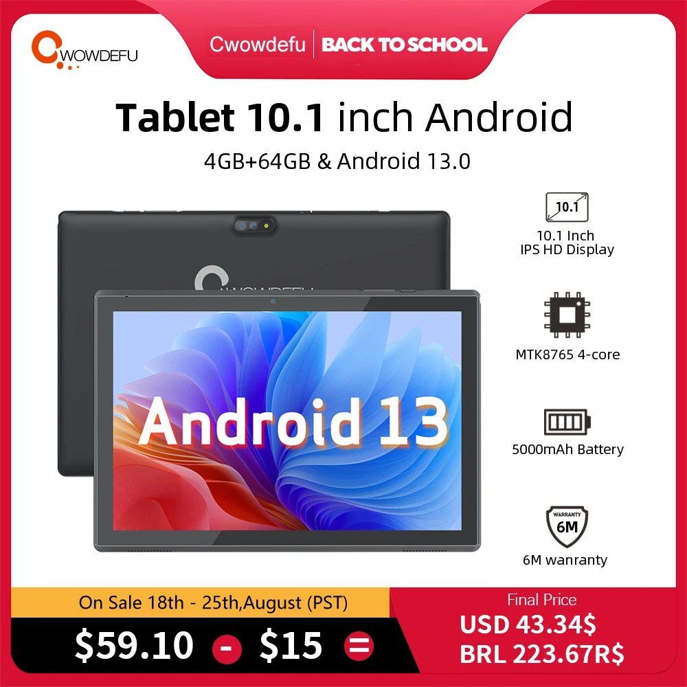 

Cwowdefu Portable Android Tablet 10.1 Inch MTK8765 4-core 4+64GB 5000mAh Type-C GPS Google Certified Android 13 Tablet Wifi PC