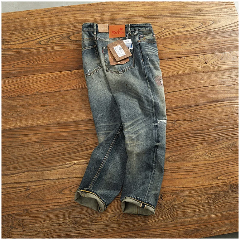High-End American High Street Heavyweight Jeans Men Vintage Ripped Patchwork Embroidery Fashion Retro Denim Pants