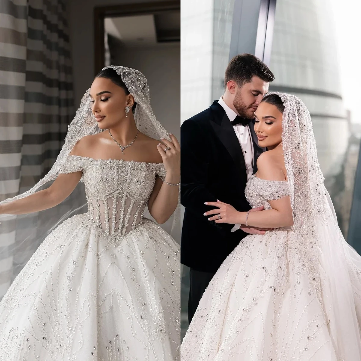 

Luxurious Sparkling A-Line Lace Crystal Women's Wedding Dress Sexy Off Shoulder Ball Bridal Dress Vestido De Novia Customized