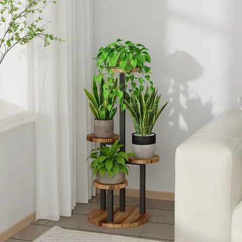 Bamworld Tall Plant Stand 4 Tier Indoor Outdoor Metal Wood Corner Shelf Small Flower Pot Holder Rack Living Room Balcony Patio
