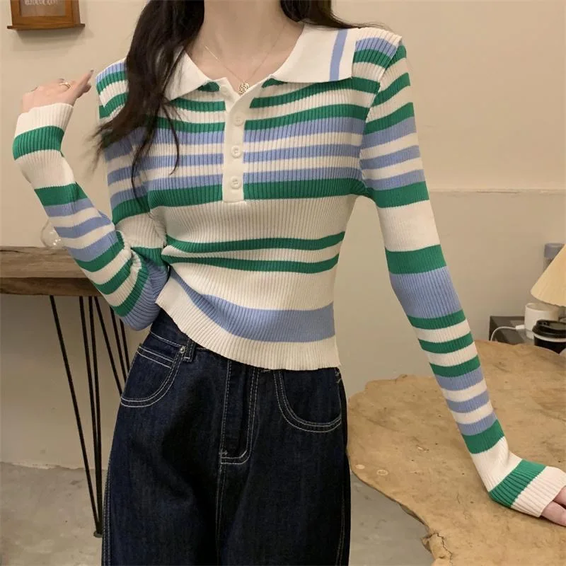 Patchwork Stripe Knitwear Sweater Women's Commuter Long Sleeve Button Pullover spring Autumn Basic Sweaters Slim Female Tops