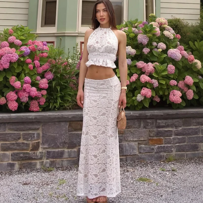 

TARUXY Sexy Lace Hollow Out Skirt Suit Women's Sleeveless Backless Slim Top Elegant Fashion High Waist Sexy Long Skirt Set Lady