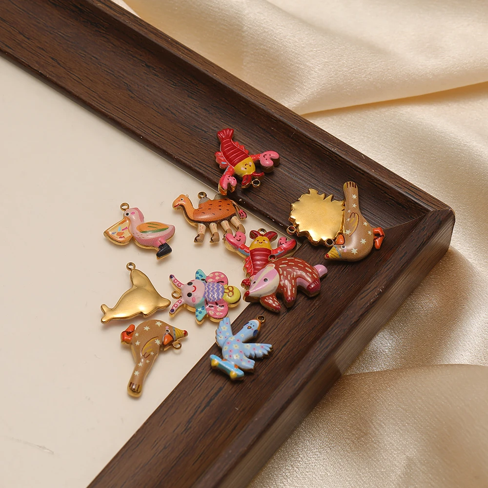 4 Stück vergoldete Edelstahl-Emaille-Cartoon-Tieranhänger für DIY-Schmuckherstellung, Halskettenzubehör, Ohrringe, Armband-Accessoires – Detail 1