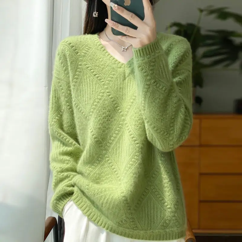 

Screw Thread V-Neck Paisley Women's Clothing Solid Color Pullover Long Sleeve Sweater Knitted Autumn Winter Aesthetic Tops