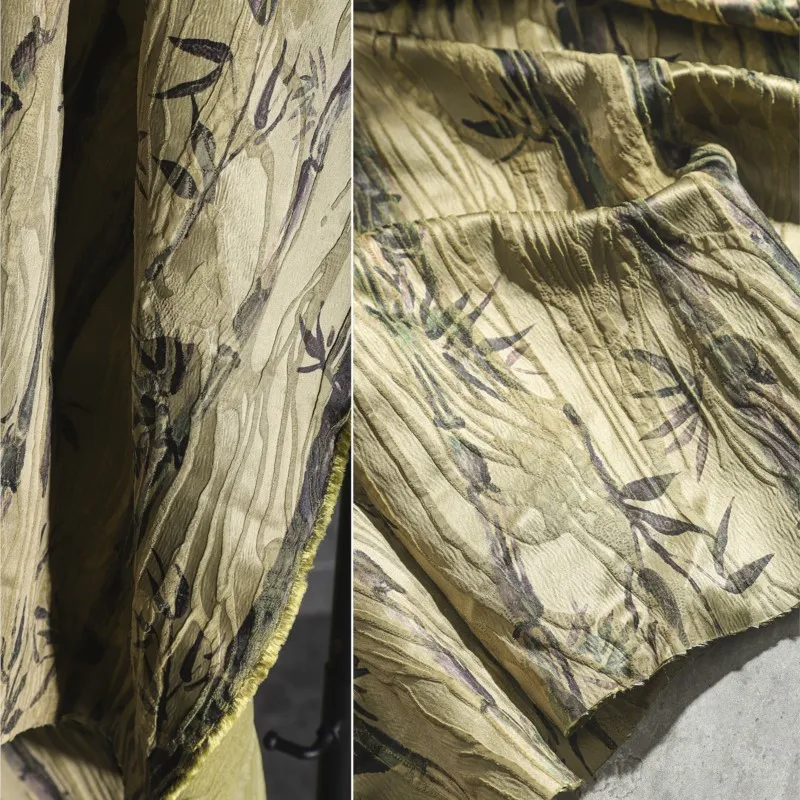 

Black and green large forest human silk imitation acetic acid direct spray fabric new Chinese-style cheongsam designer