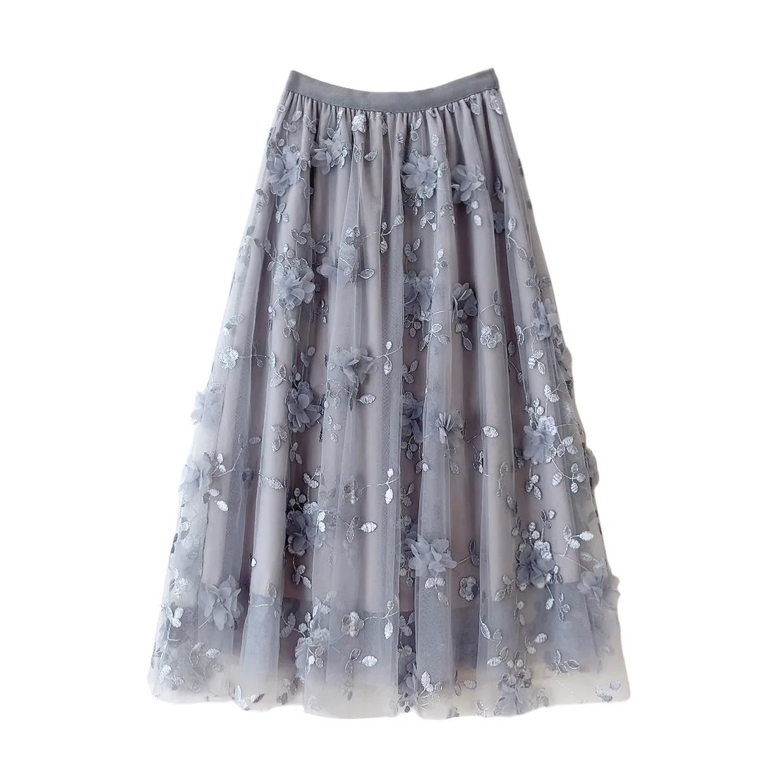 New in A-Line High Waist Fashion 3D Flower Tulle Skirt Women Spring Summer Solid Color Chic Elegant Mesh Party Long Skirt