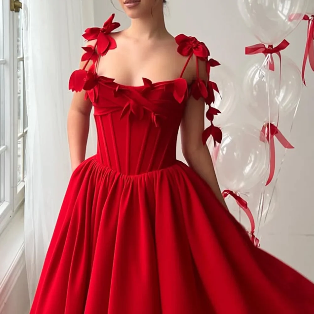 Abiti da ballo a trapezio rossi personalizzati Abiti da sera senza maniche con cinturino per spaghetti con fiocco al tè Abito da festa drappeggiato alla moda semplice