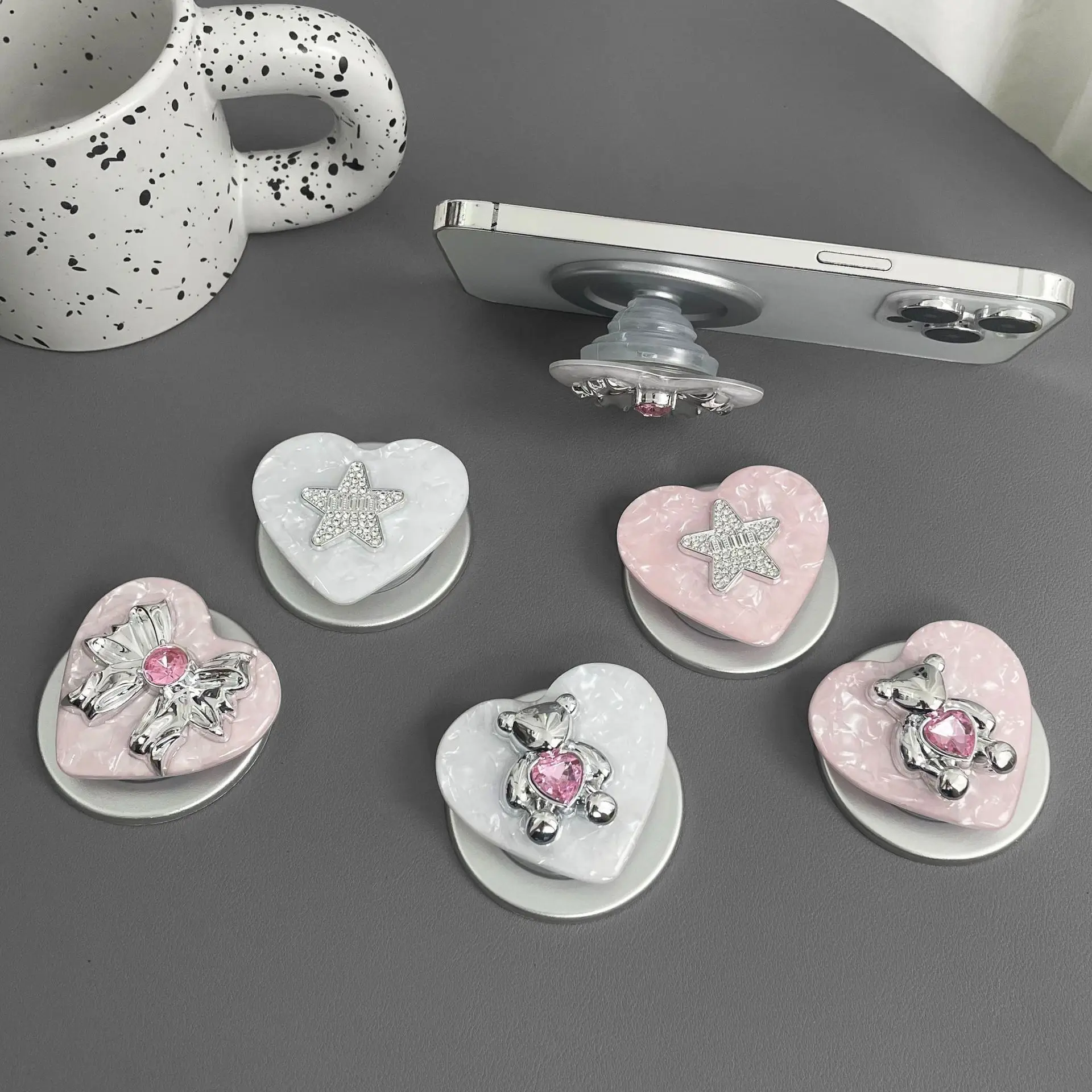 Shimmer Shell Magnetic Phone Grip Stand Elegant Heart Bow Phone Holder Bracket Rotatable Foldable Finger Socket Cell Accessories