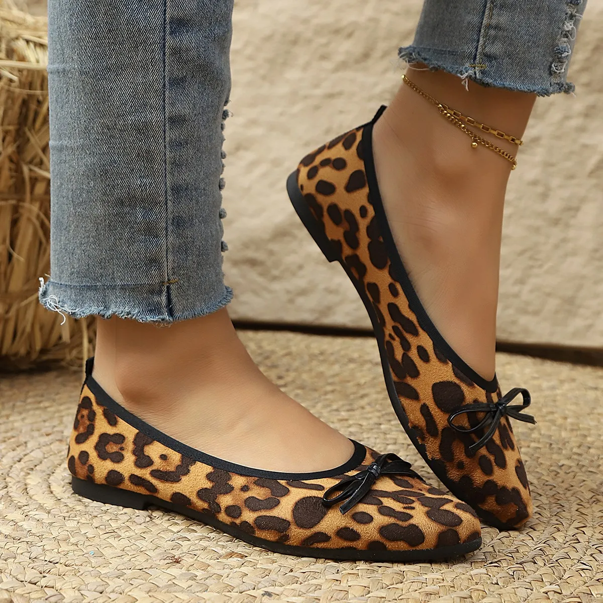 2026 Zapatos Planos de Leopardo para Mujer, Punta Redonda, con Lazo, Zapatos de Trabajo, Bailarinas de Primavera, Mocasines de Suela Suave para Damas, Mocasines Enrollables, Ballets Femeninos