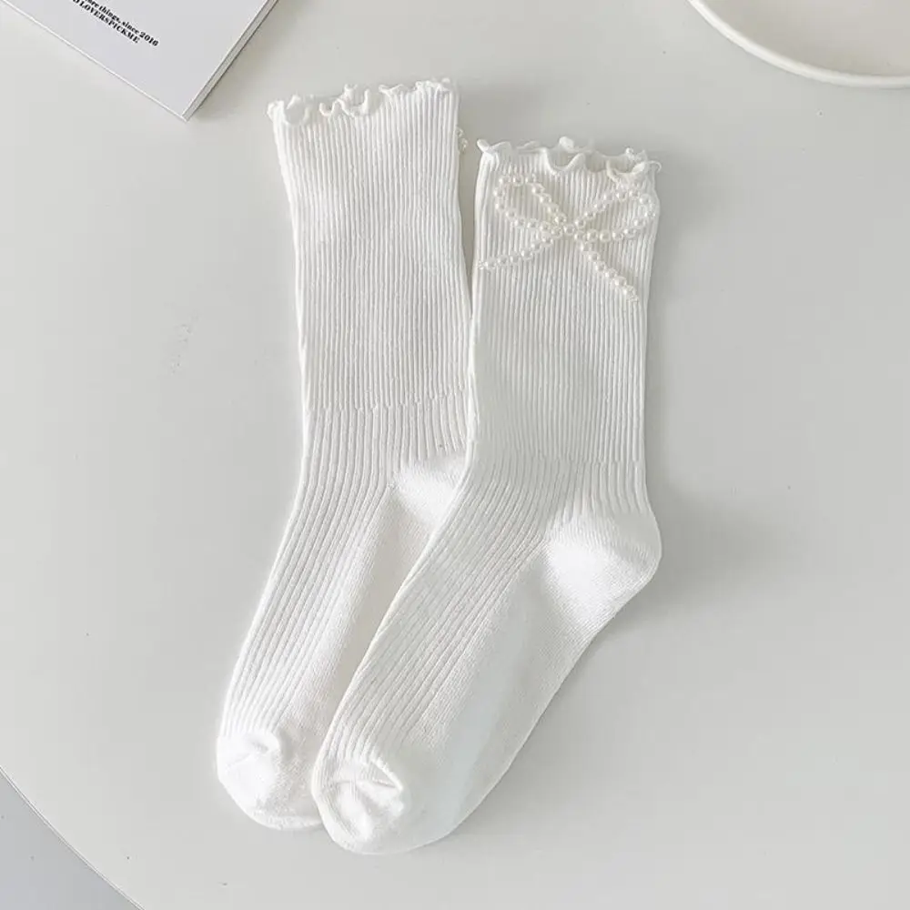 Socks for Women Breathable Women Cotton Socks Ruffles Pearl Mid Tube Sock Preppy Style Elastic Retro Preppy Style Socks Girls