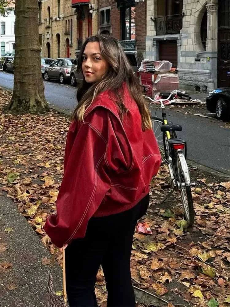 

Long sleeved jacket motorcycle Autumn outdoor top women's zipper leather jacket coat contrasting stitching lapel