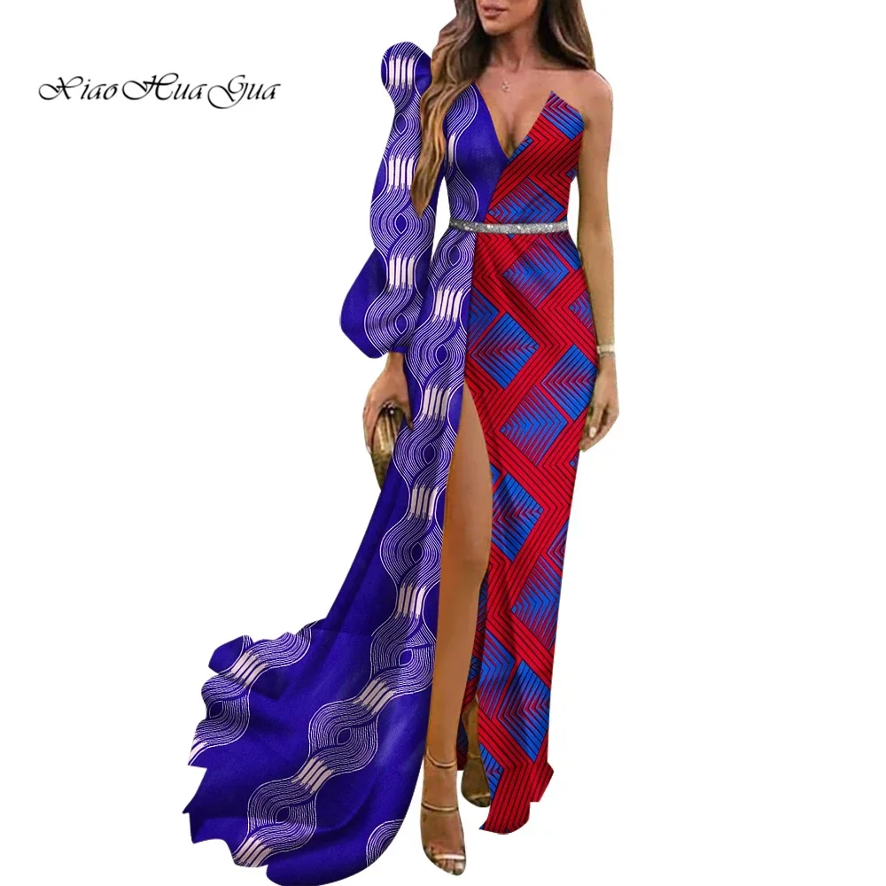 Women African Dress for Wedding Party African Print Robe Africaine Femme One Shoulder African Dashiki Dress WY8482