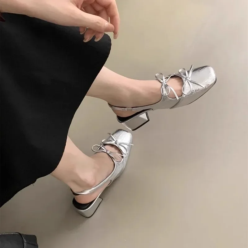 Medium Heeled Mary Jane Sandals New Designer Women Shoes Fashion Double Bowknot Thick Heeled Ballet Shoes Ladies Soft Shoes