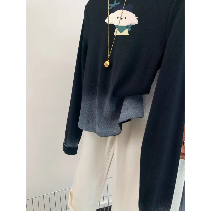 Gradient Long-sleeved T-shirt Women's Pure Cotton Right Shoulder New Spring and Autumn Short Slim Fit Bottoming Top