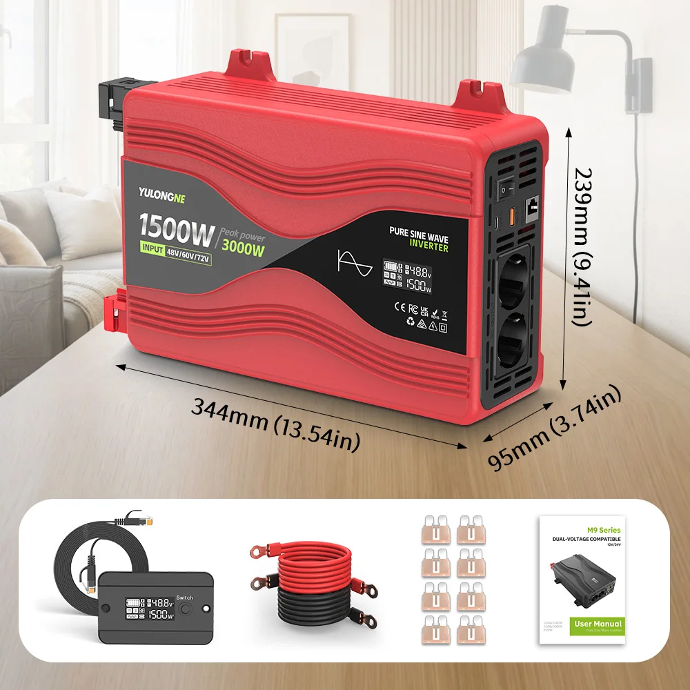 3000W Peak Pure Sine Wave Inverter Support 48V 60V 72V DC Input To 230V AC EU Plug LCD Remote Control For Off‑Grid Solar RV Home
