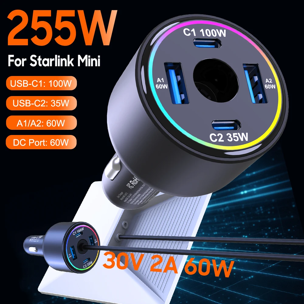 Car Charger for Starlink Mini, 255W 5-Port 60W 30V/2A DC Port & 100W USB C PD Fast Charging for MacBook Pro iPhone17 Samsung S26