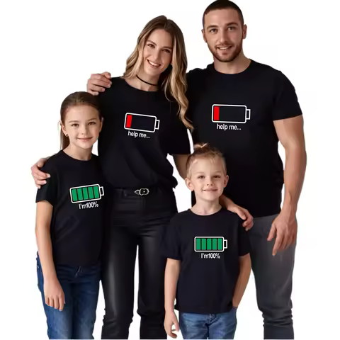 Funny Battery Pattern Family Matching Clothes Daddy Mommy Son Daughter Tops Summer Short Sleeve Family T-shirt