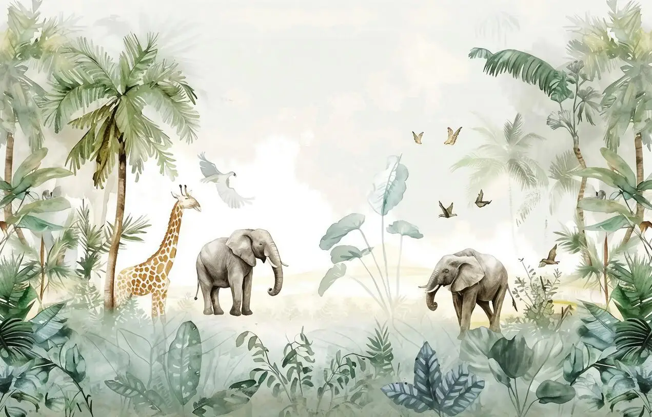 Customized murals Nordic cartoons Forest animals Birds giraffe Children's room Boys' and Girls' room Background wall wallpaper