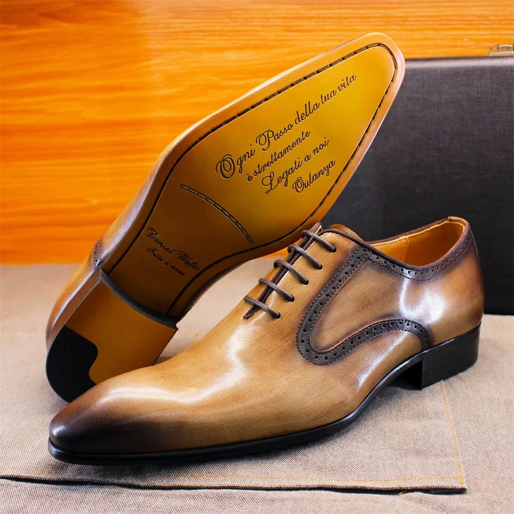 Men's Genuine Leather Dress Shoes Black Khaki Oxford Suit Footwear Elegant Formal Business Wedding Party Vintage Handmade