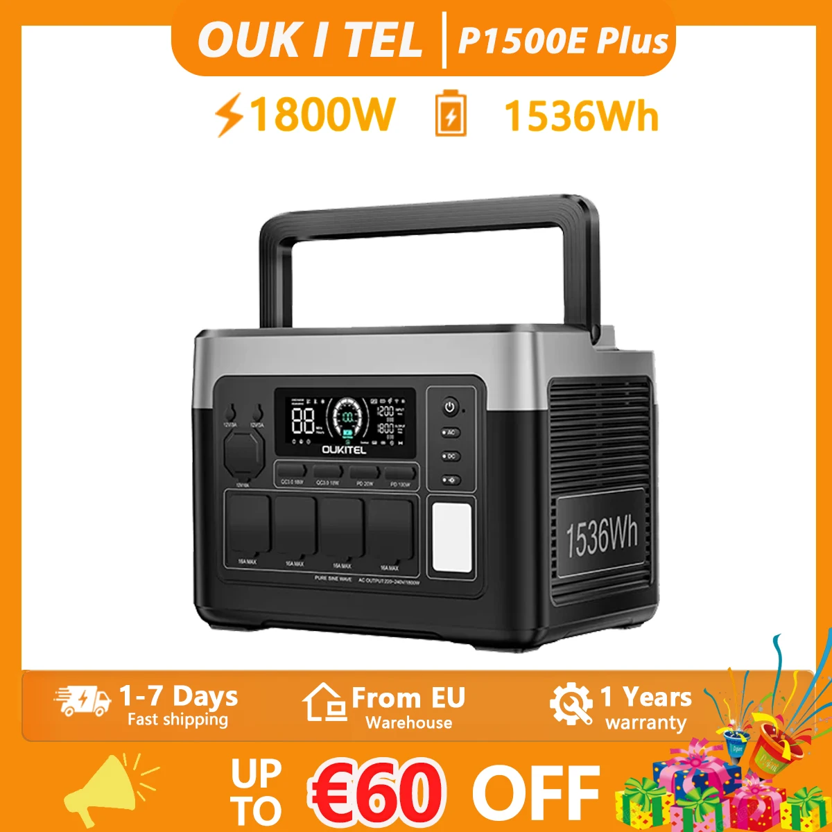 OUKITEL P1500 PLUS 1800W Portable Power Station 1536Wh Lifepo4 Battery Solar Generator, Home Backup Outdoor Camping Mobile Power