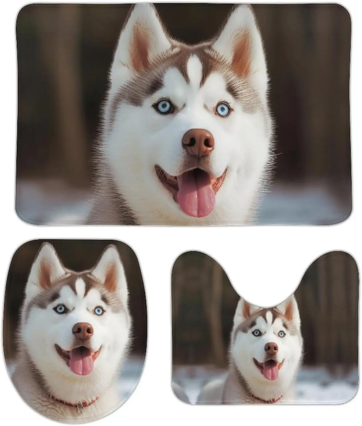 3 Piece Bath Rug Set Non Slip Absorbent Bath Mat Contour Mat with Toilet Lid Cover Husky Piquant Dog Soft Floor Mats for