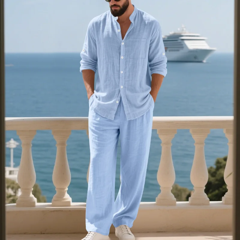 2025 весенне-осенний льняной свободный мужской костюм, дышащая простая рубашка на пуговицах с длинными рукавами, домашний пляжный длинный брючный костюм для мужчин