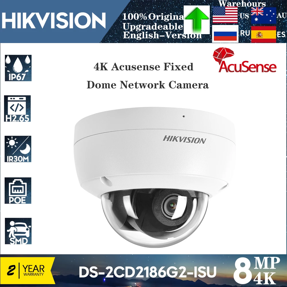 Hikvision Original 4K 8MP IP Camera IP67 Acusense IR Fixed Dome DS-2CD2186G2-ISU POE Security Protection CCTV Surveillance