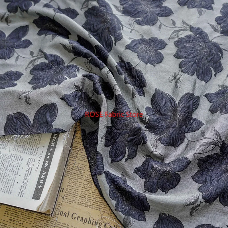 1 Meter Retro Thick Dark Blue Yarn Dyed Jacquard Fabric Classic Women's Spring Autumn Simple Style Dress Diy Sewing Fabric