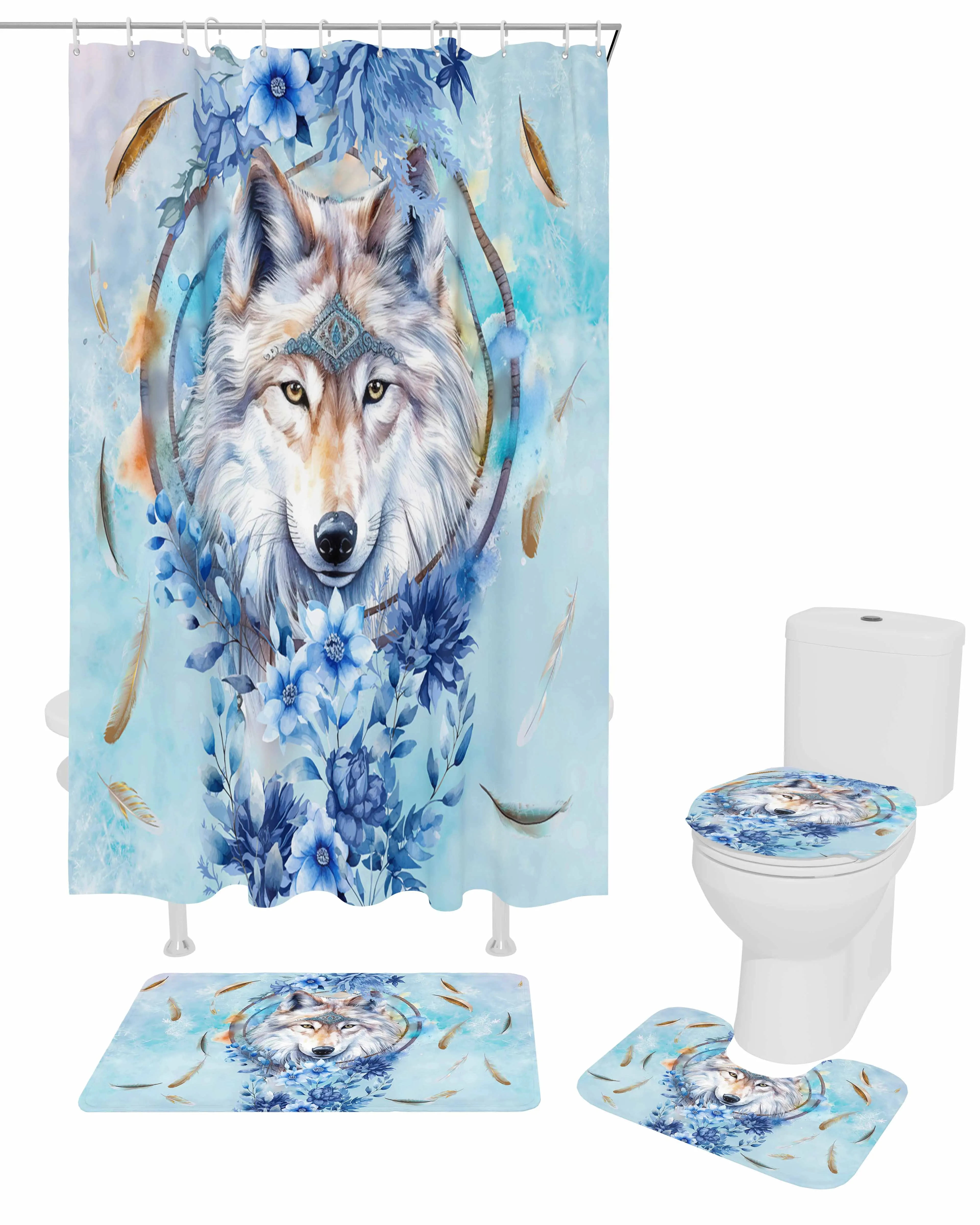 Watercolor Wolf Animal Flower Feather Shower Curtain Set Non-Slip Rugs Bath Mat Toilet Lid Cover Waterproof Bathroom Curtain