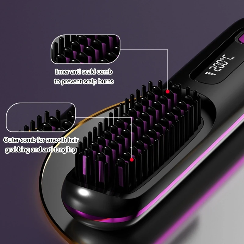 فرشاة تمليس الشعر، مشط عملي للشعر، تسخين سيراميك كهربائي، مشط شعر مستقيم قابل لإعادة الشحن