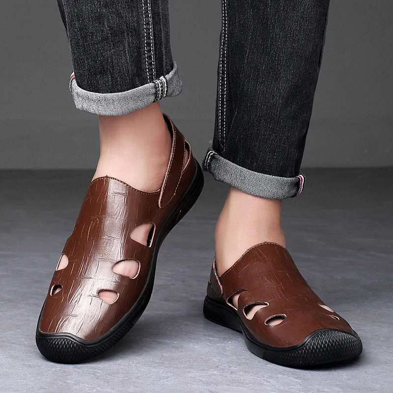 

Официальный сайт Лидер продаж, мужская кожаная повседневная обувь, летние мужские сандалии с вырезами, обувь для вождения на массажной подошве