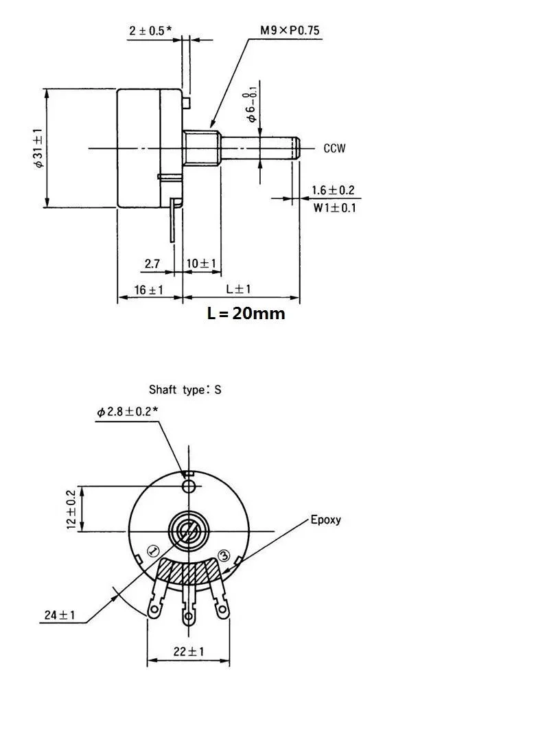 RV30YN20S B302 3K 3W Single Turn โพเทนชิโอมิเตอร์ฟิล์มคาร์บอนตัวต้านทานแบบปรับได้