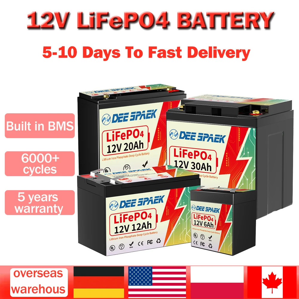 Batterie de stockage d'énergie avec BMS, batterie veFePO4, batterie au lithium fer Phxing ate pour voitures, camping-cars et enfants, 6Ah, 10Ah, 12Ah, 20Ah, 30Ah, 12V