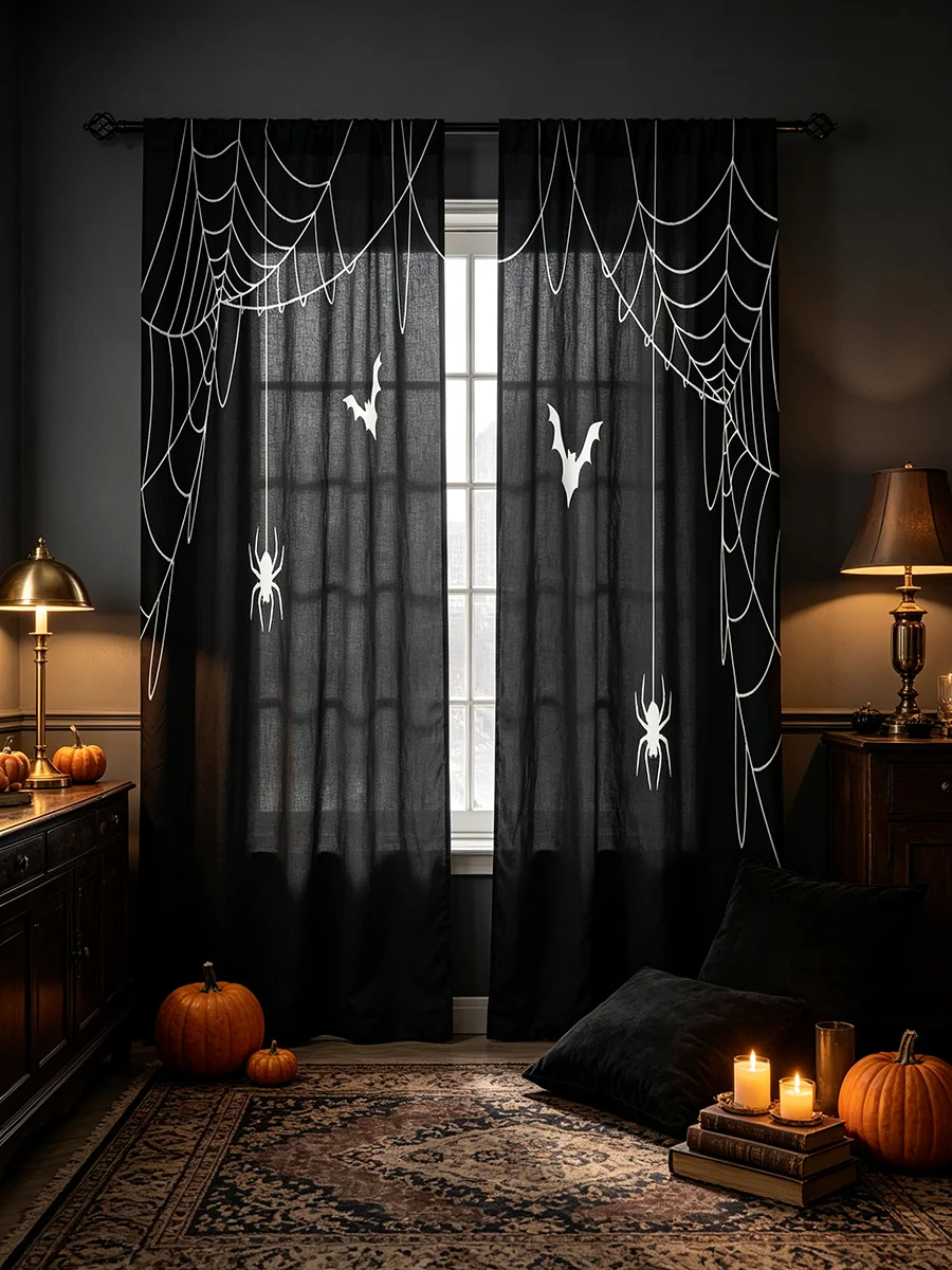 2PCS Halloween Curtains, Spider Web Bat Spider Print, Spooky Window Drapes for Halloween Party Bedroom Living Room