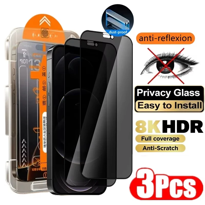 

3Pcs Privacy Tempered Glass For iPhone 16 17 15 Pro Max 13 11 12 14 Plus XR XS Dust Free Installation Anti-spy Screen Protector